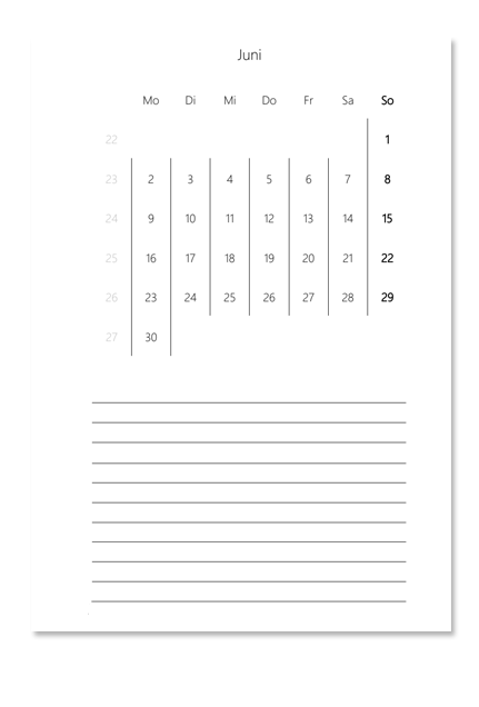 Kalender 2025, Taschenbuchbindung, Monatsübersucht